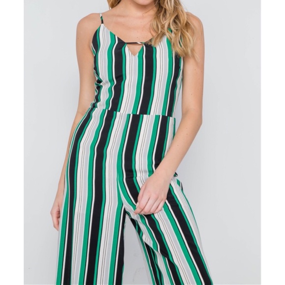 GREEN STRIPE CAMI WIDE LEG CAPRI JUMPSUIT - Picture 4 of 6